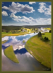 Dire River Reflections , Newcastle, Maine  drone Photos. Three Images vertical panorama edit it with Topaz studio 2, Photoshop